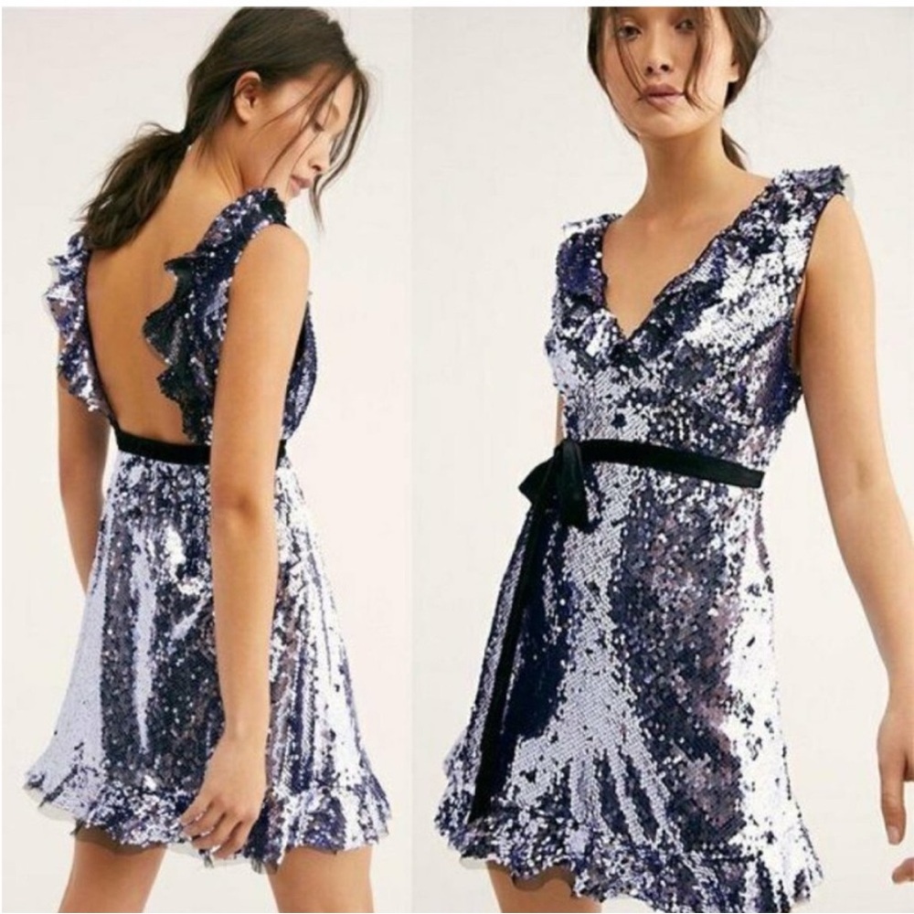 NWT Free People Metallic Purple Sequin Ruffle Mini Dress